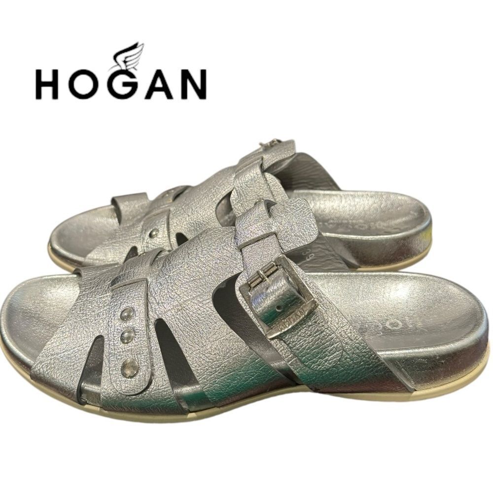 Hogan Women's Silver Leather Slide Buckles Sandals 39 9